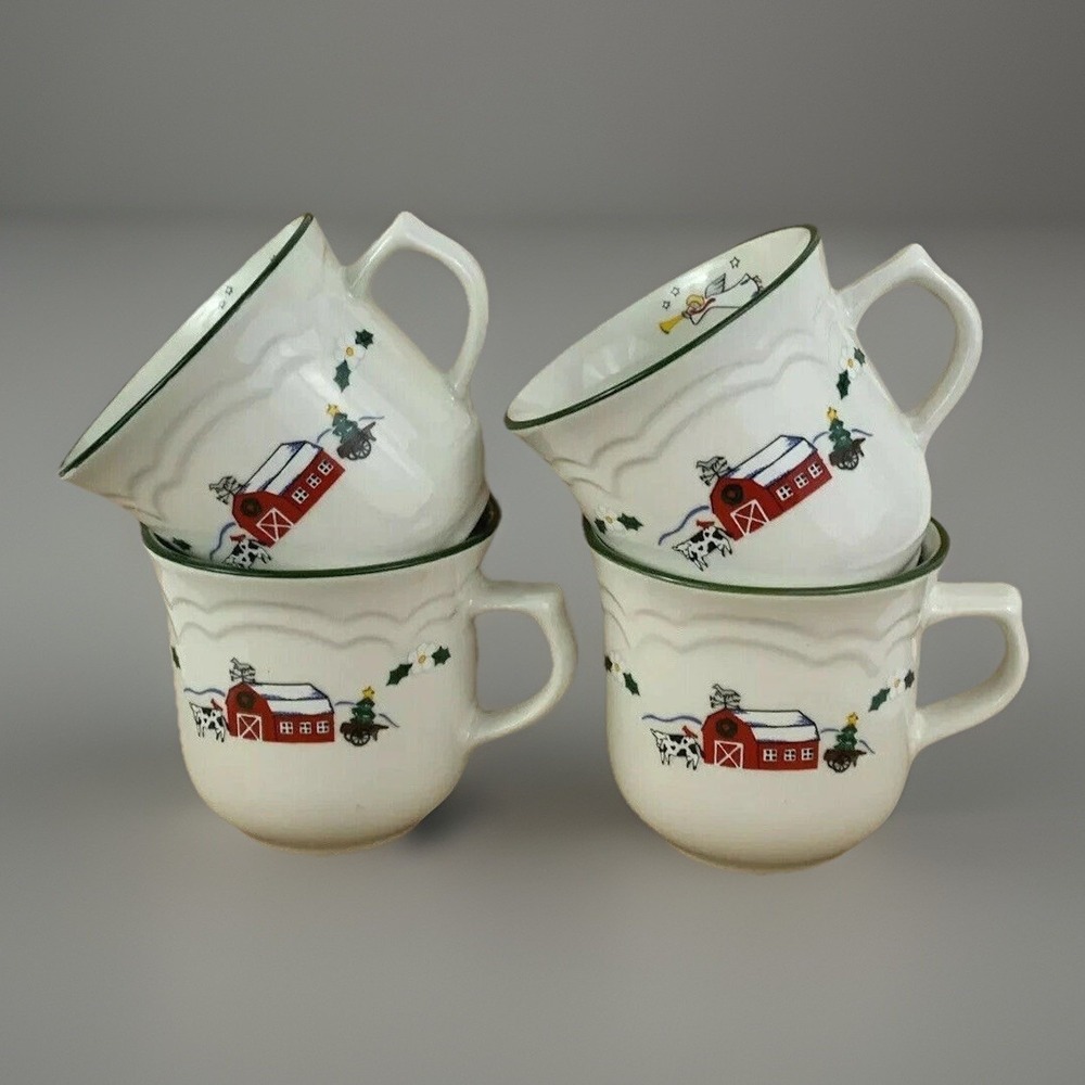 4 Pfaltzgraff Snow Village Tea Cup Coffee Mug Angel Barn Cow 3.25T x 3"D 4.25 W